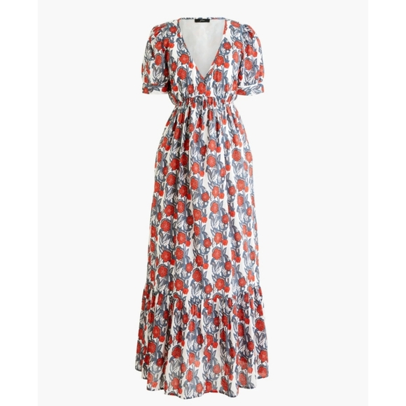 J. Crew Dresses & Skirts - J. Crew Maxi Dress in Poppy Print v-neck hem flounce lined cotton puff sleeves M